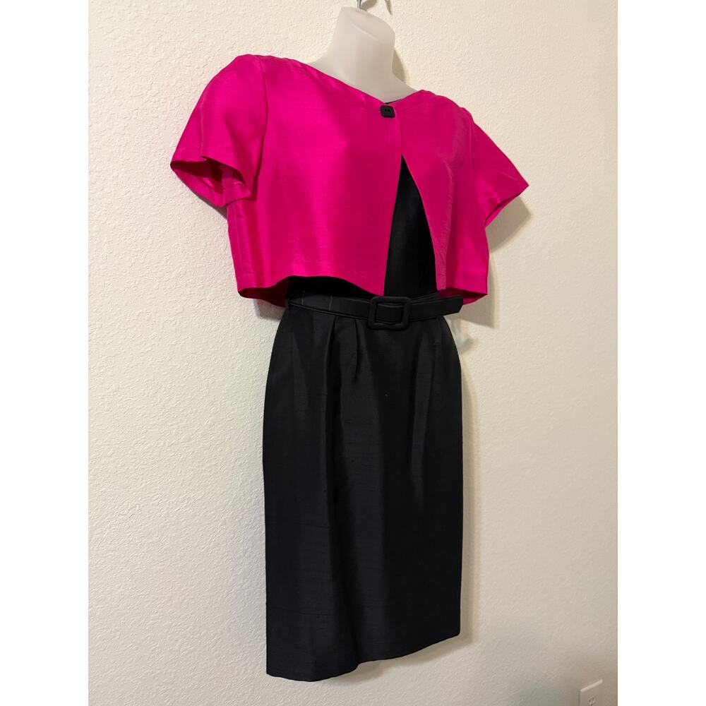 Vintage 100%‎ Silk Dress Size 6 Dana Buchman Belted Fuchsia Pink Bolero Black